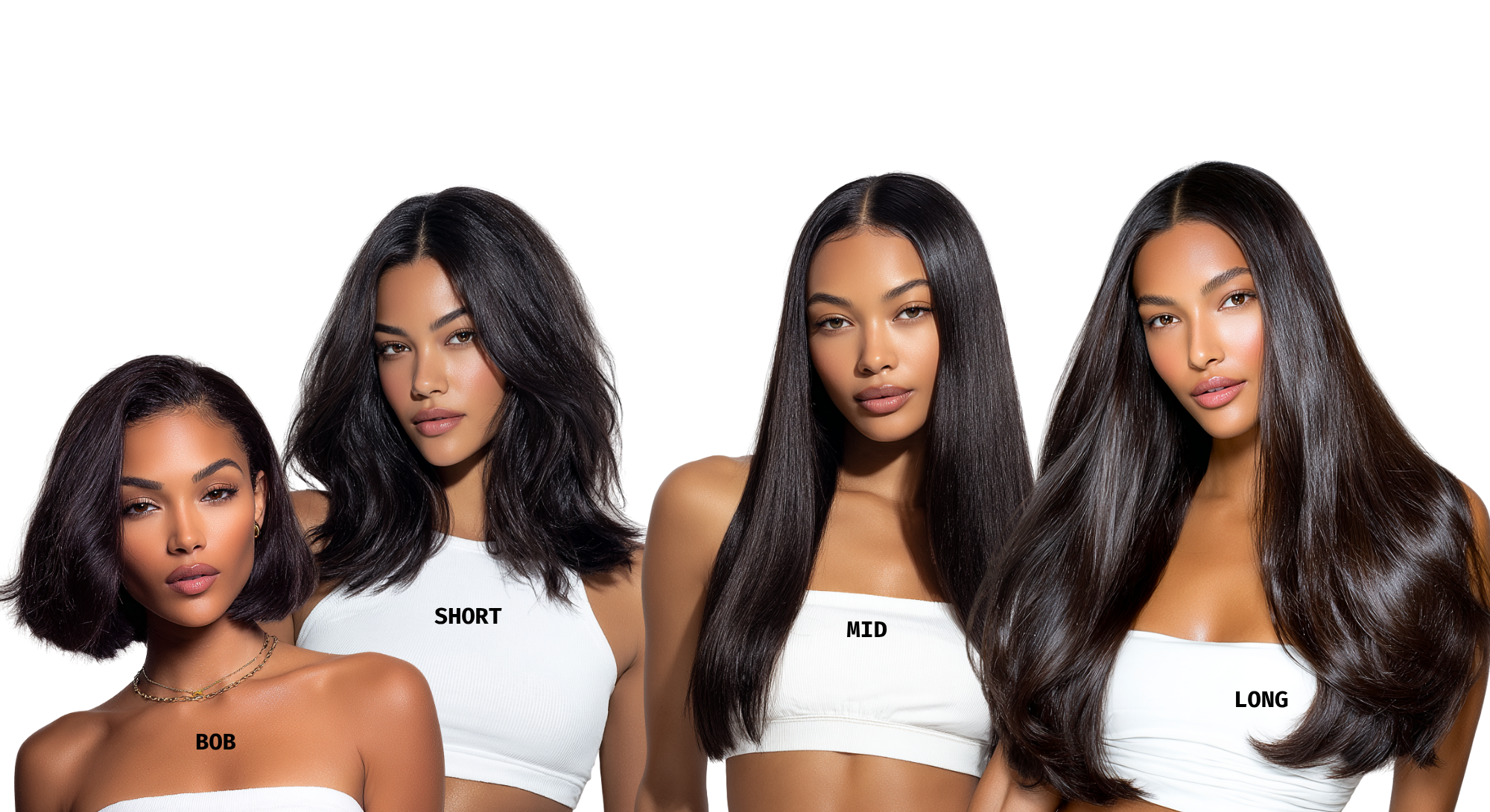 Four women with different hair lengths labeled 'Bob', 'Short', 'Mid', and 'Long' on a white background.